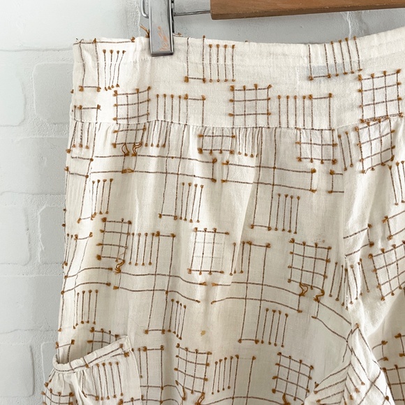 L.A.M.B Wide leg pants cotton linen Embroidered Ecru Caramel Lagenlook pockets L - Picture 11 of 13